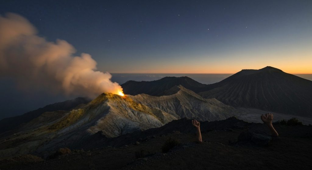 is kawah ijen safe toxic sulfur gas night — Photorealistic editorial travel photograph relevant to: An expert Banyuwangi